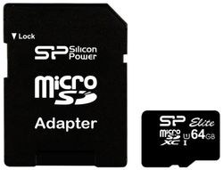 Silicon Power < SP064GBSTXBU1V10-SP> microSDXC Memory Card 64Gb UHS-I + microSD--> SD Adapter