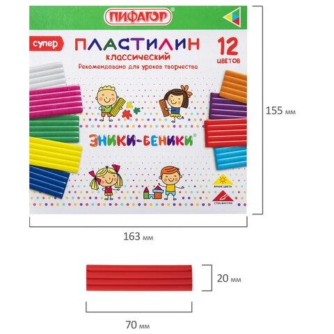 Пластилин классический "ЭНИКИ-БЕНИКИ СУПЕР", 12 цветов, 240 грамм, стек ПИФАГОР