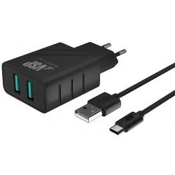 Сетевое ЗУ Vespa 2 USB+ кабель Type-C 1м черный
