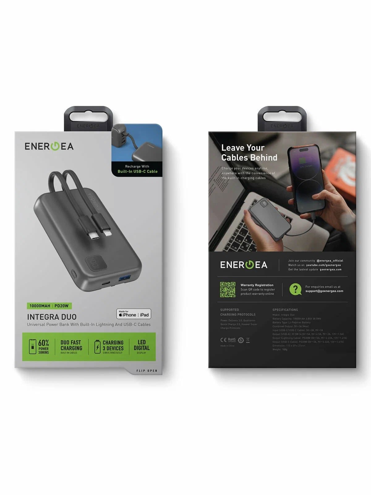 Портативное ЗУ EnergEA Integra DUO USB-C+A + кабели MFI Lightning и USB-C 10 000 mAh черный