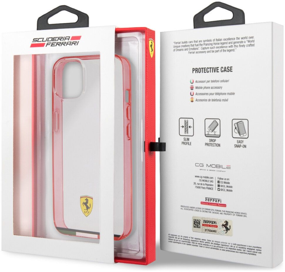 Чехол Ferrari для iPhone 13 mini PC/TPU Italia stripe Hard Transparent/Red  - купить в 05.RU Махачкала, цены, отзывы