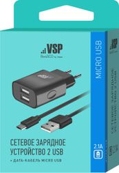 Сетевое ЗУ Vespa 2 USB, 2.1А + дата-кабель micro USB, 1м черный