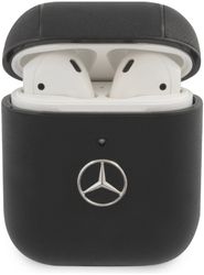 Чехол Mercedes Genuine leather with metal logo для Airpods, черный