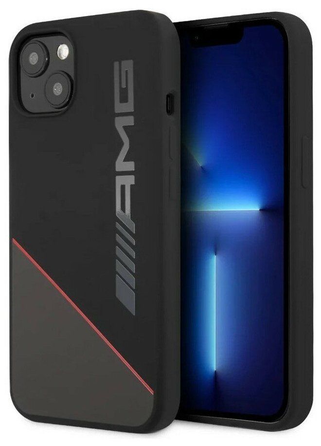 Чехол AMG для iPhone 13 Liquid silicone Two tones Red line Hard Black