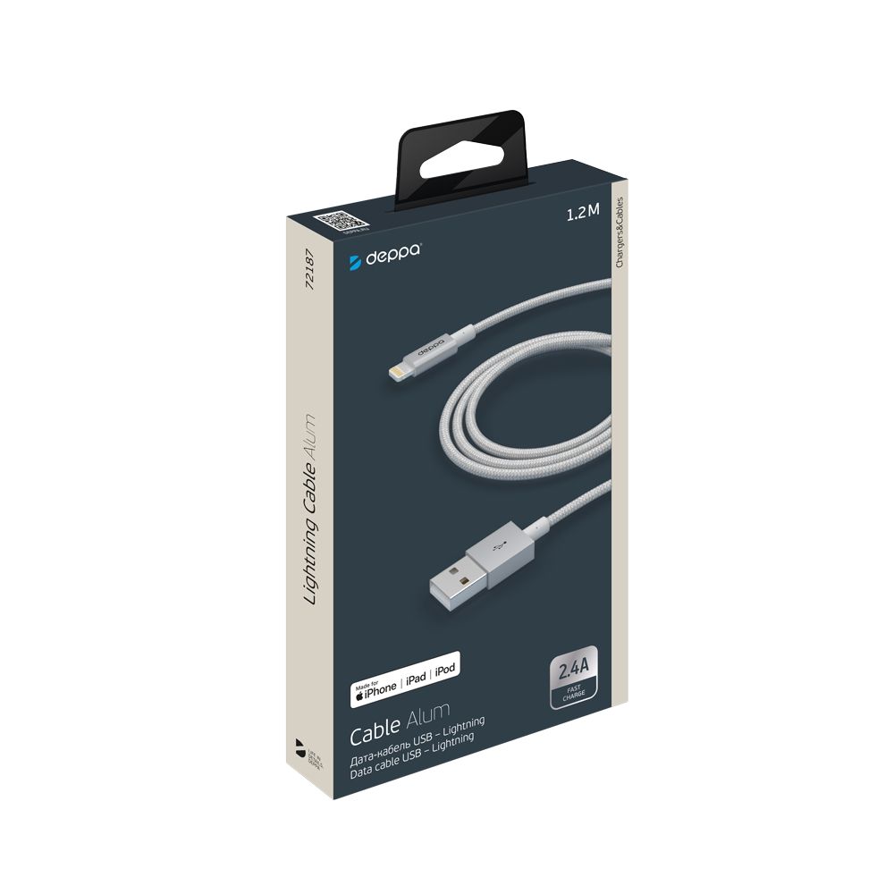 USB дата-кабель Deppa 8-pin для Apple Alum, MFI, 1,2м (Серебристый)